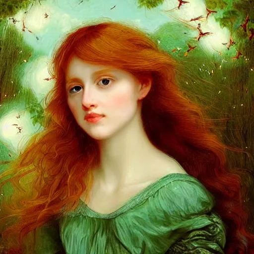 Image similar to sharp, intricate fine details, breathtaking, digital art portrait of a red haired girl with long hair and green eyes softly smiling, in a dreamy, mesmerizing scenery with fireflies, art by elisabeth vigee le brun