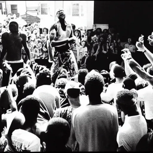 Prompt: a photo of 2 pac giving a concert in a small house to a bunch of hipsters.