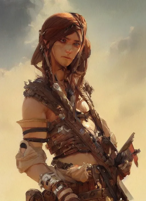 Image similar to portrait of desert warrior by krenz cushart, fantasy, oil painting, featured on pixiv, highly detailed, elegant, sharp focus