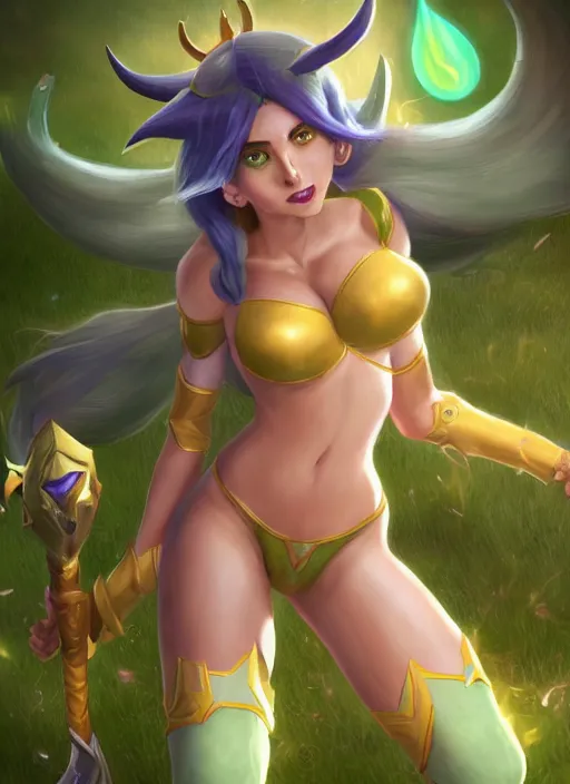 Image similar to silly soraka, from league of legends, health supporter, hyper detailed, green aura in wand, au naturel, digital art, trending in artstation, cinematic lighting, studio quality, smooth render, unreal engine 5 rendered, octane rendered, art style by klimt and nixeu and ian sprigger and wlop and krenz cushart