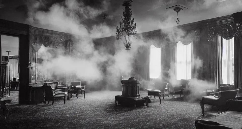 Image similar to complicated liminal victorian hotel interior with vapor clouds, Lynchian, unsettling