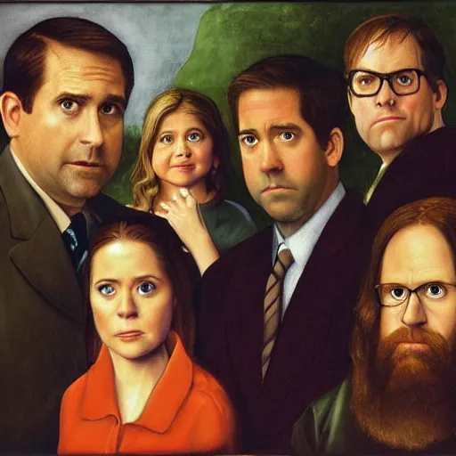 Image similar to the cast of the office, steve carell, jenna fischer, john krasinski, rainn wilson, portrait painting by hieronymus bosch