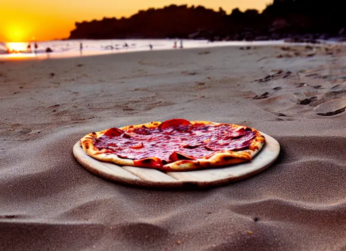 Prompt: clear highly detailed photorealistic food photograph of a wood oven cooked pizza with salami anchovies pepperoni loads of burned melted cheese lying on beach sand at sunset, waves next to it