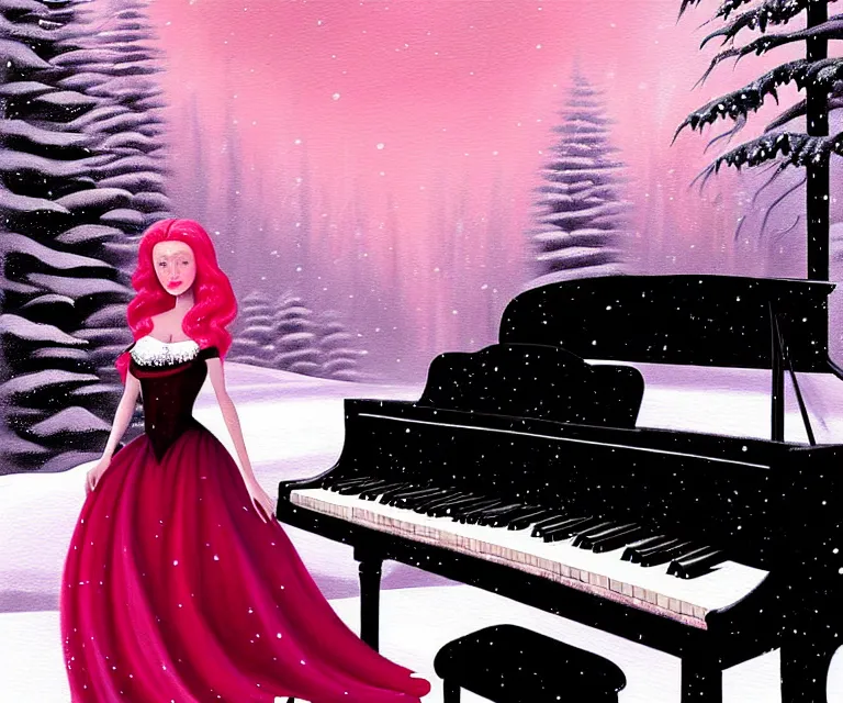 Image similar to a painting of a beautiful face gothic girl, pink hair in a stunning red dress playing a piano in the dark snowy forestby randolph stanley hewton, cg society contest winner, matte painting