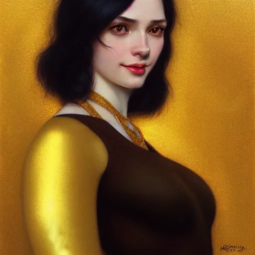 Image similar to portrait of a smiling, beautiful, pale skin eastern european female with long black hair, dark brown eyes, elegant clothing, photorealistic, highly detailed, artstation, smooth, sharp focus, gold ornaments, neon lighting, sci - fi, art by gustav klimt, artgerm, greg rutkowski and alphonse mucha