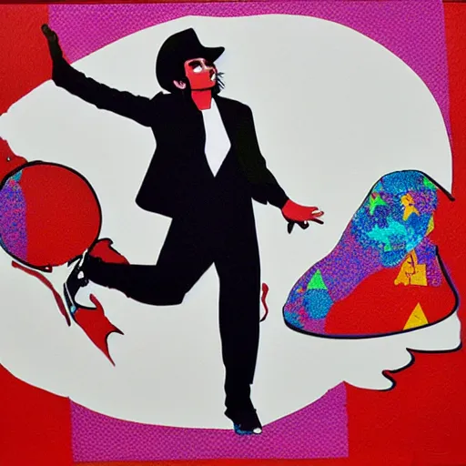 Prompt: paining of Michael Jackson moon walking, pop art, white suit and hat