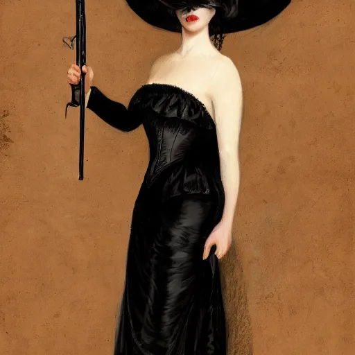 Image similar to a beautiful young woman, pale skin, black long hair, aristocrat, black expensive dress from 1 8 6 0, holding a rifle, oil painting, digital art, studio photo, realistic, artstation, high quality, wild west