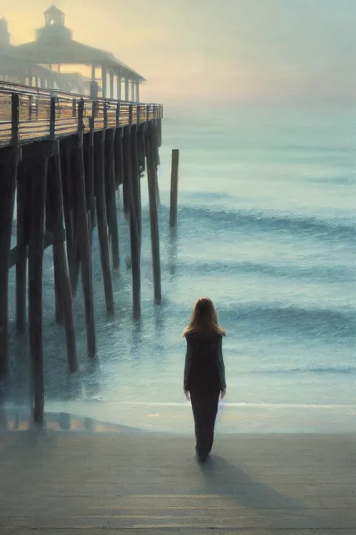 Image similar to painting of a woman standing at the end of a pier, she is visible from behind and from distance, the sea surrounding the pier is calm, soft evening light, volumetric lighting, style of greg rutkowski
