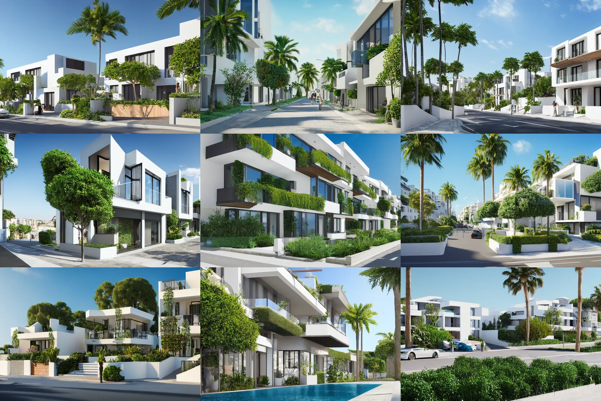 Prompt: render of a street with beautiful modern homes, designed for cozy aesthetics!, beachfront, monaco, energy efficiency and maximizing plants and greenery, vray render, sunny sky light, high resolution, professional