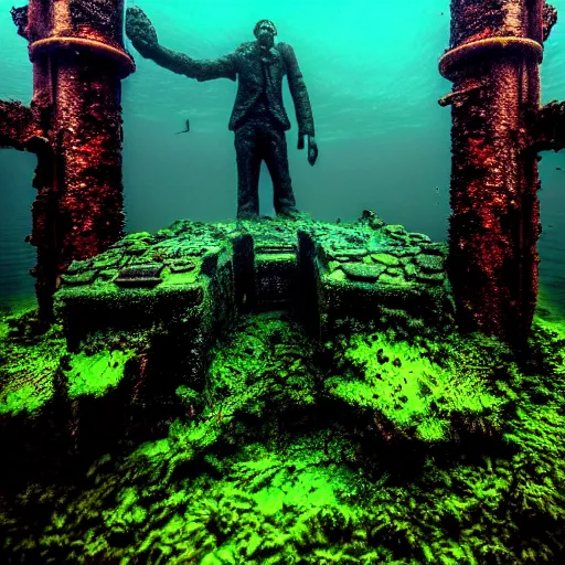 Image similar to Postapocalyptic ruins, Nicolas Cage underwater mossy old statue, ruins, photo, dark, kelp and moss all over, bottom of ocean, far shot, deep ocean, bottom of ocean, dark, 35mm, fish, underwater landscape, 4k, detailed, photorealistic, photo, Atlantis, underwater camera, fish, fish, fish
