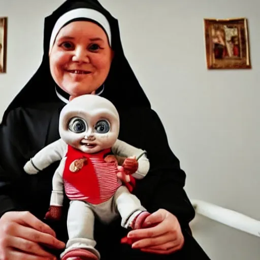 Image similar to a nun in church holding chucky the killer doll on her lap