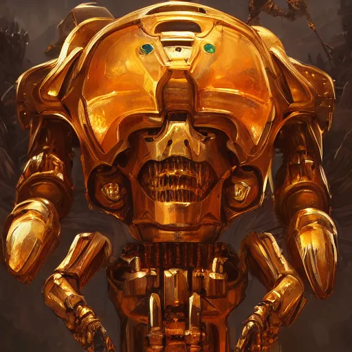 Prompt: a giant golden robot fighting an army of skeletons, highly detailed portrait, digital painting, artstation, concept art, smooth, sharp foccus ilustration, Artstation HQ