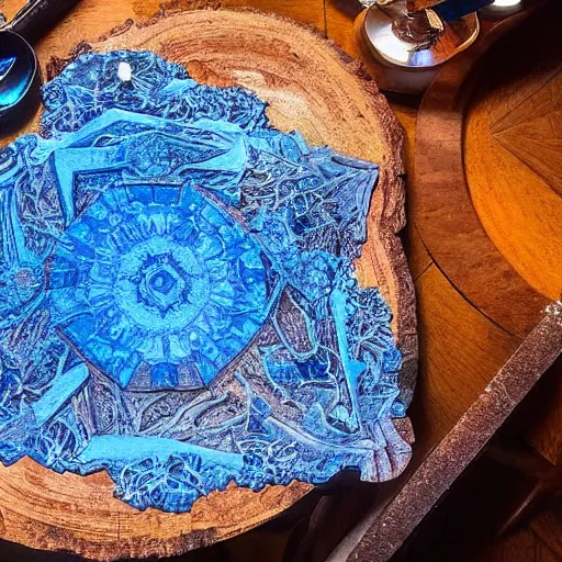 Image similar to a blue cystal in the wood table in digital in art intricate, fantasy