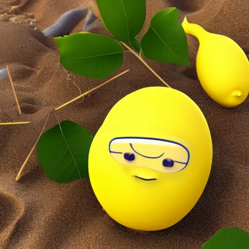 Image similar to a lemon in shape of a human with legs of lemons and round body, arms of lemons, relaxing on a beach, very realistic, high quality, volumetric light