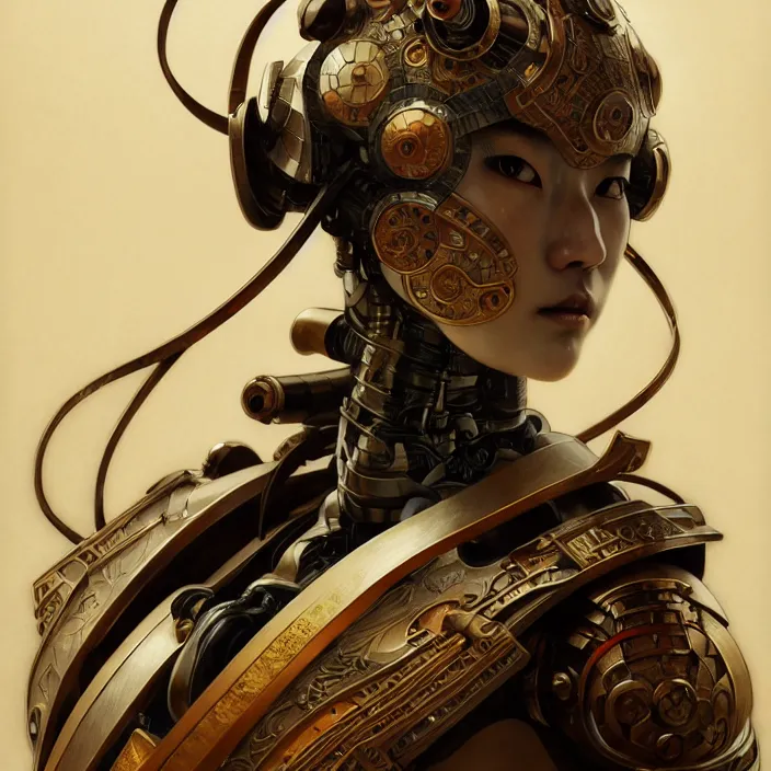 Image similar to japanese cyborg, Japanese samurai, diffuse lighting, fantasy, intricate, elegant, highly detailed, lifelike, photorealistic, digital painting, artstation, illustration, concept art, smooth, sharp focus, art by John Collier and Albert Aublet and Krenz Cushart and Artem Demura and Alphonse Mucha