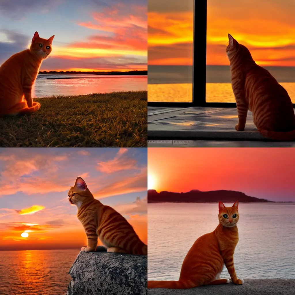 Prompt: orange tabby cat is admiring the sunset, realistic