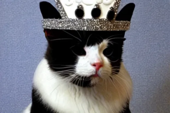 Prompt: a black and white cat dressed up as queen elizabeth