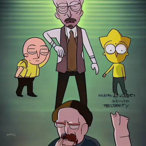 Prompt: breaking bad crossover with rick and morty, fanart trending on artstation, deviantart, oil painting