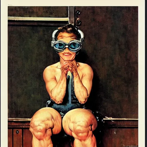Image similar to happy and muscular woman wearing small goggles, by norman rockwell