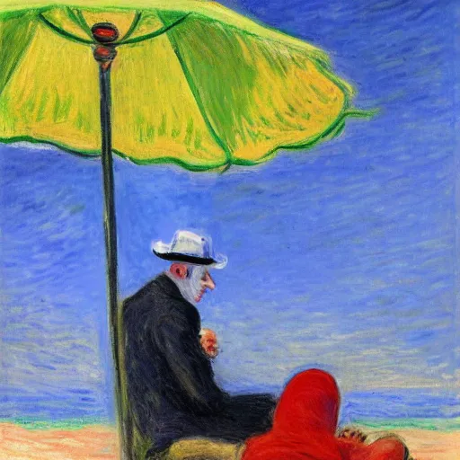 Image similar to a joker and a armed robber chilling on ipanema beach by monet