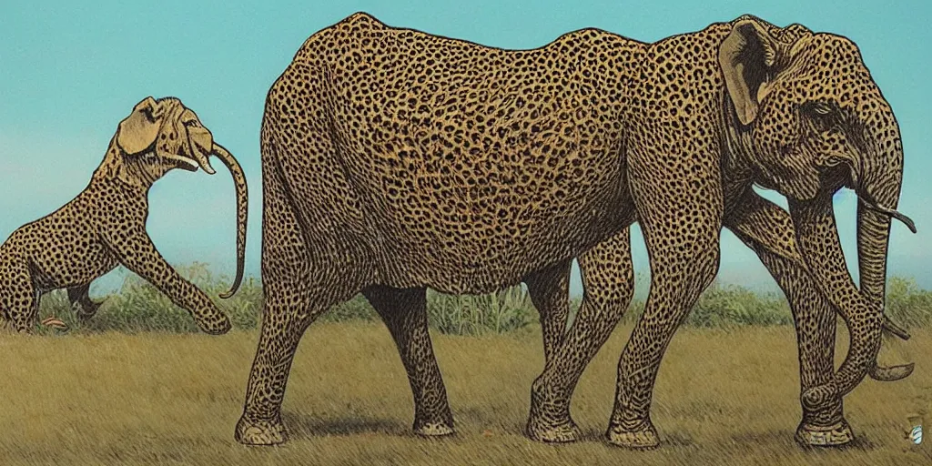 Prompt: Highly detailed painting of a elephant and a cheetah by moebius