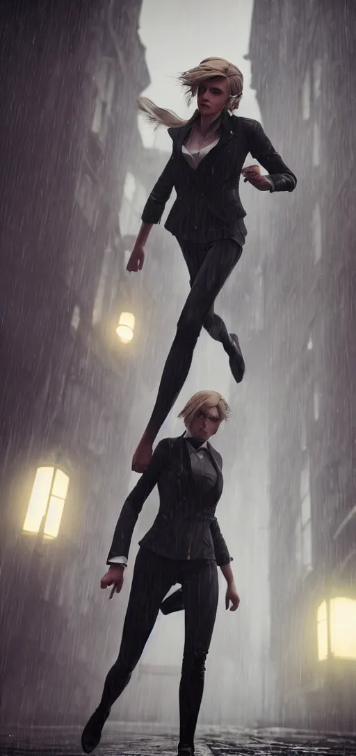 Image similar to beautiful annie leonhart running on high heels in dunwall city, redshift render, beautiful face, detailed face, cinematic lighting, rainy weather, melancholy atmosphere, volumetric light, octane render, dishonored 1, gothic architecture, realistic reflections, octane render 8 k