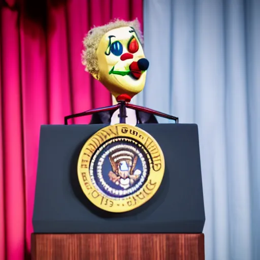 Image similar to string puppet of a president with clown makeup in a podium and a human shadow behind