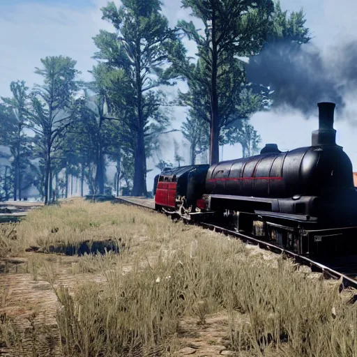 Image similar to futuristic sleek steam locomotive in red dead redemption 2