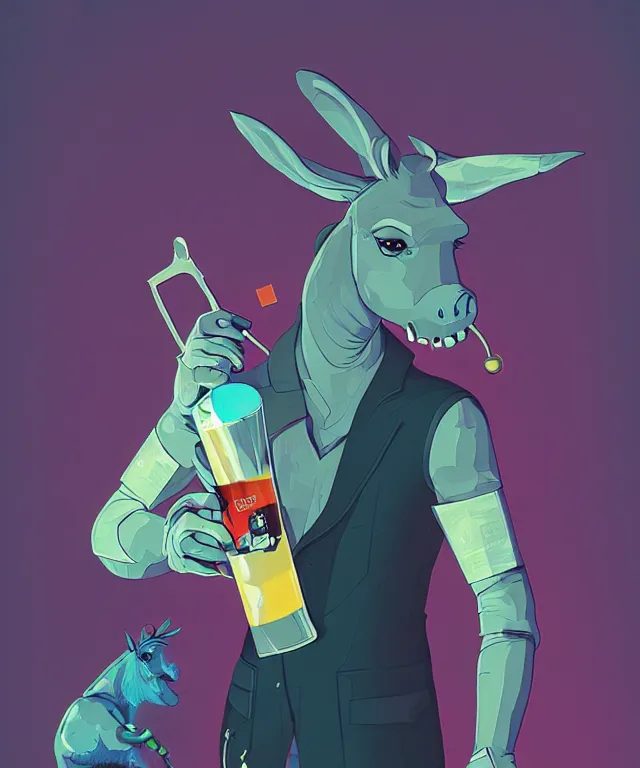 Image similar to a portrait of an anthropomorphic donkey holding a martini, cyberpunk!, fantasy, elegant, digital painting, artstation, concept art, matte, sharp focus, illustration, art by josan gonzalez