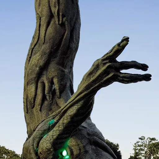 Image similar to A beautiful sculpture of a large, looming creature with a long, snake-like body. The creature has many large, sharp teeth, and its eyes glow a eerie green. It is wrapped around a large tree, which is bent and broken under the creature's weight. There is a small figure in the foreground, clutching a sword, which is dwarfed by the size of the creature. dark violet, octane 3d by Janine Antoni, by Arthur Hughes neat, playful