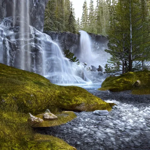 Image similar to walking into a very tall majestic Norwegian waterfall::2 creek, rocks, trout fish, pine and birch trees::1.8 realistic vegetation, realistic material textures, sunny, photorealistic, high speed photography, highly detailed, cinematic lighting, god rays, raytracing reflections, vray render, first person view