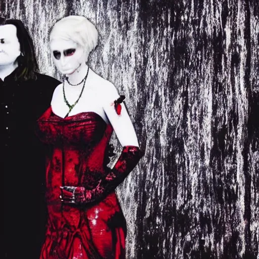 Image similar to a man standing next to a woman on a red carpet, a picture by george manson, tumblr, international gothic, freakshow, hellish background, gothic