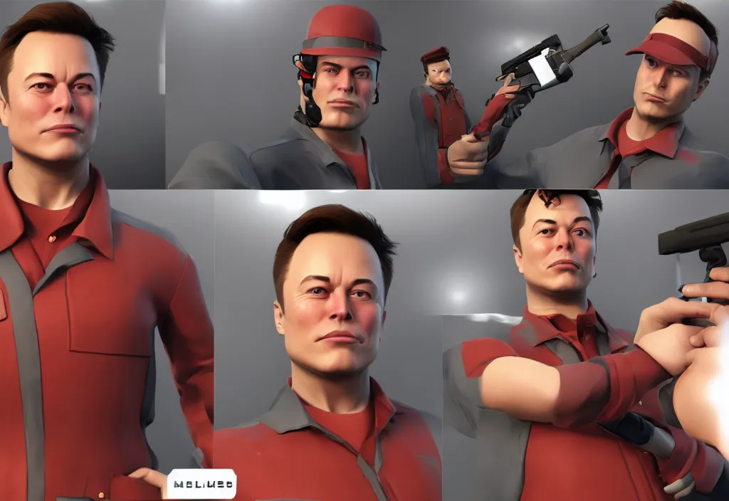 Image similar to elon musk in team fortress 2, elon musk in the video game team fortress, gameplay screenshot, close up, 3 d rendering. unreal engine. amazing likeness. very detailed.