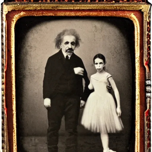 Image similar to portrait of ballerina and einstein posing together, daguerreotype