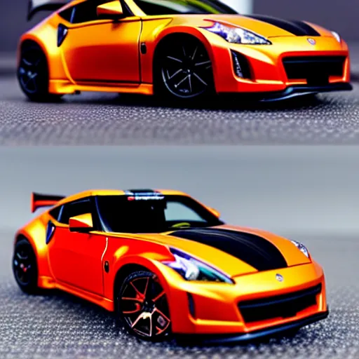 Image similar to a hotwheel supercar based on the 3 7 0 z and nsx, it has a red and black paint, photoreal, car photography, hotwheels, award winning, supercar,