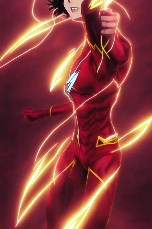 Image similar to anime key visual of a beautiful female the flash!! intricate, red, black, gold suit, powers, speed, lightning hate, dc comics, cinematic, stunning, highly detailed, digital painting, artstation, smooth, hard focus, illustration, art by artgerm and greg rutkowski and alphonse mucha