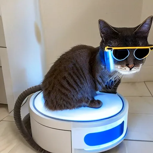 Prompt: cat wearing sunglasses, cat sitting on top of roomba, reflective marble floor, disco party lights, ray - ban glasses, cape