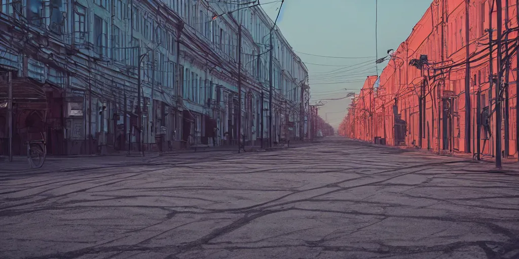 Image similar to photo of city street neon on mars, norilsk st. petersburg city, telephoto, anamorphic cinematography, beautiful composition, color theory, leading lines, photorealistic, moody volumetric lighting