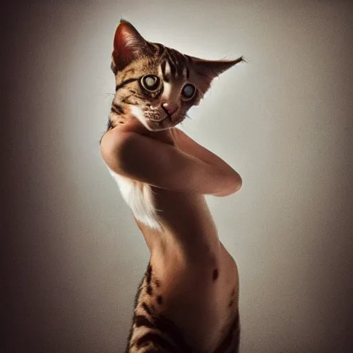 Image similar to a feline human - cat - hybrid, animal photography