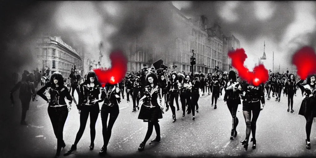 Image similar to a vintage photograph of a bunk of punk girls marching on the street of london, depressive vibe, strong subsurface scattering, red smoke, newspapers flying in the background, 1 9 9 0 s style, vintage style, scary lighting, stunning scene, highly detailed, concept art, trending on artstation