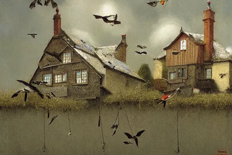 Image similar to a house with birds flying on too of it, insanely detailed, Michael Sowa