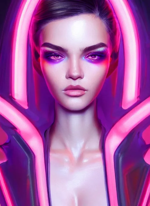 Image similar to photorealistic portrait of female humanoid, cyber neon lights, highly detailed, haute couture fashion, elegant, crispy quality, trending in artstation, trending in pinterest, glamor pose, no signature, no watermark, cinematic, art by artgerm and pascal blanche