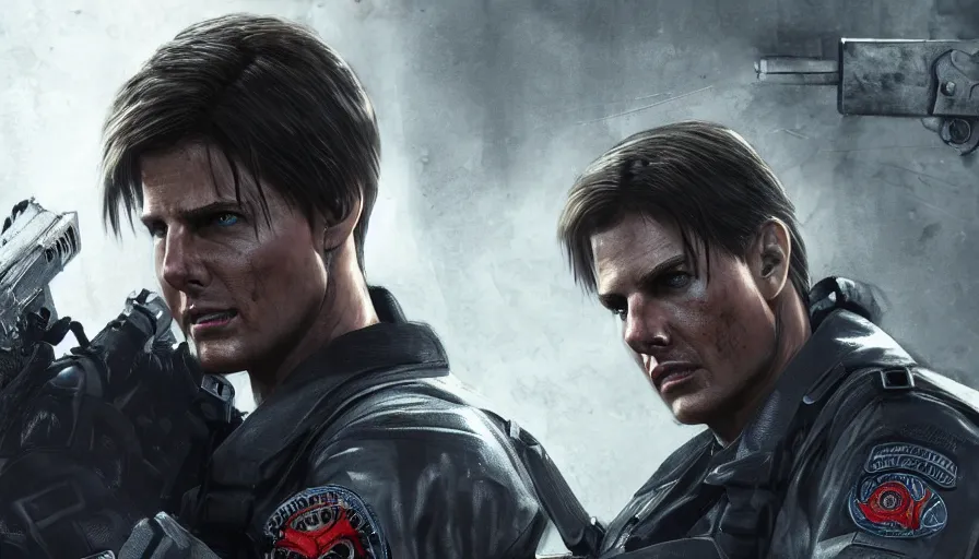 Image similar to Tom Cruise is Leon Kennedy in Resident Evil 2 Remake, hyperdetailed, artstation, cgsociety, 8k