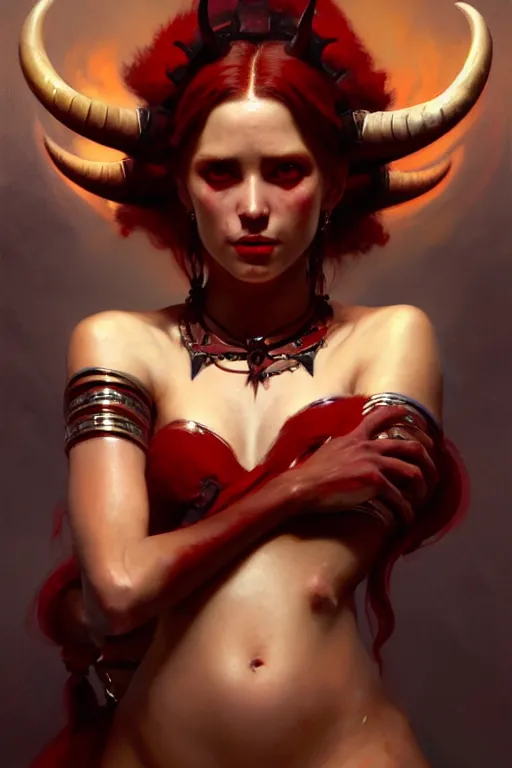 Prompt: painted close - up portrait of a attractive red - skinned intimidating demon girl with ram horns. oil painting, wearing a noblewoman's outfit, fantasy art by greg rutkowski and john singer sargent and gaston bussiere and greg rutkowski, demon noble character design, hd