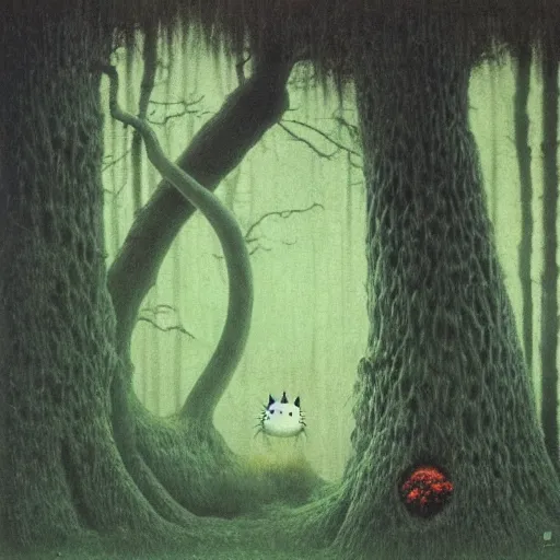 Image similar to Creepy Totoro hiding behind a tree, Studio Ghiblo, Zdzisław Beksiński