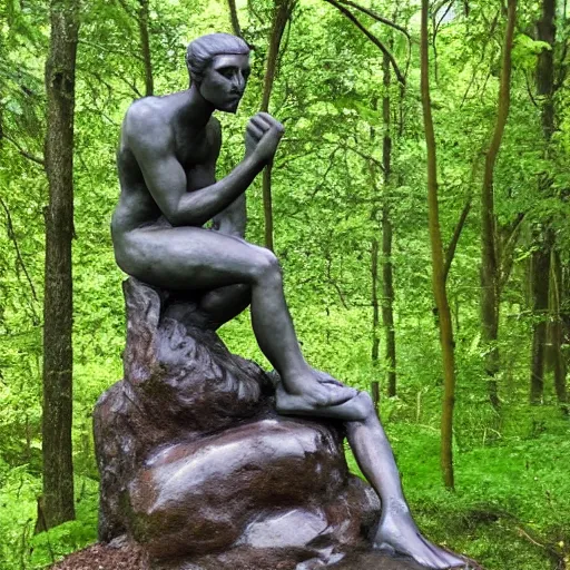 Image similar to The thinker sculpture in the style of William Bartram mushrooms at the base , placed in a lush forest