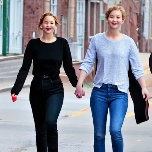 Image similar to Jennifer Lawrence and Jennifer Lawrence walking down the street, holding hands, smiling, soft focus, medium shot,