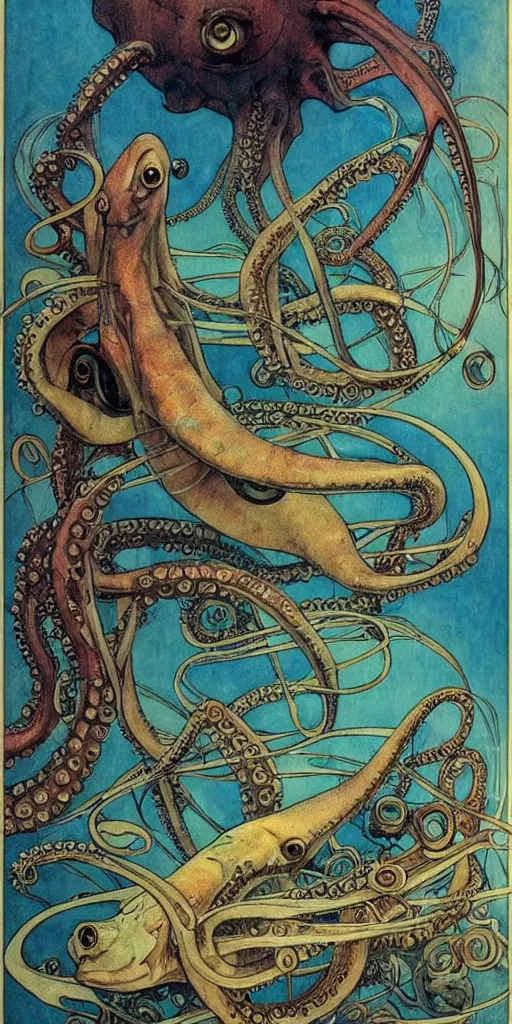 Prompt: fantasy fish, octopus, squid, in futuristic aquarium, cyberpunk, concept art, schematics, gnarly details painted by norman rockwell, mucha, gurney