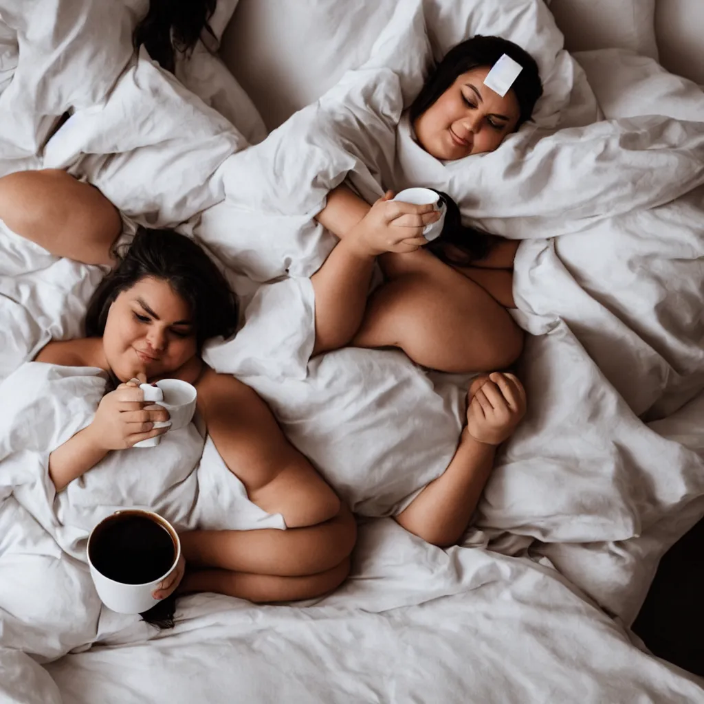 Image similar to a beautiful fat woman drinking coffee in a bed with white sheets drinking coffee