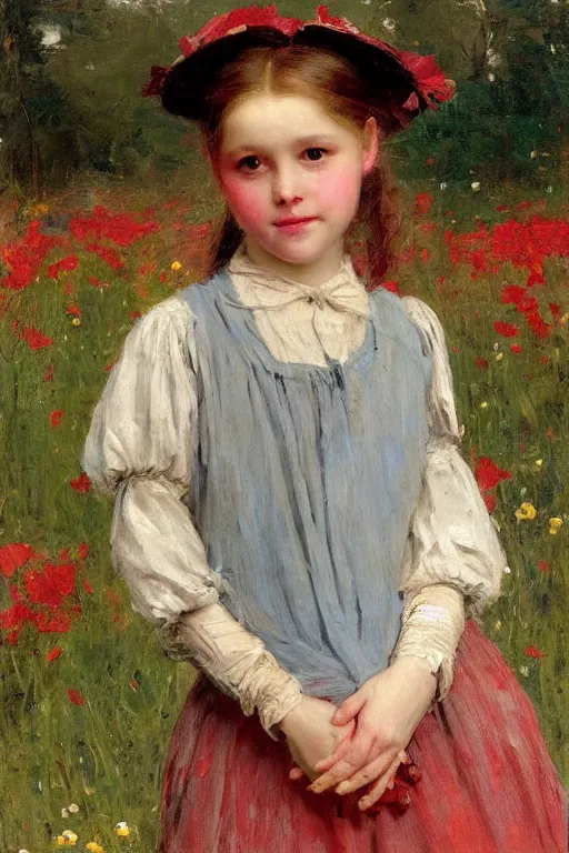 Prompt: Solomon Joseph Solomon and Richard Schmid and Jeremy Lipking victorian genre painting portrait painting of a happy young village girl in an open field of flowers, red background